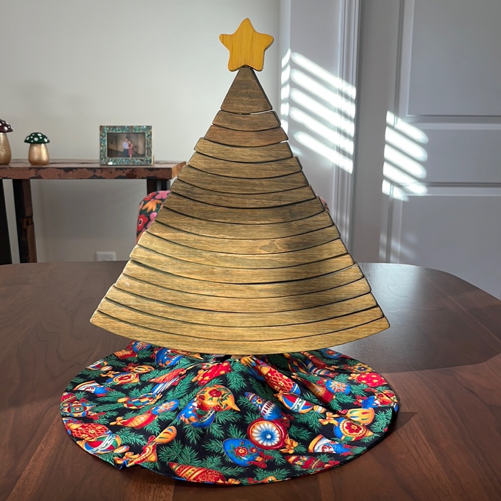 Wooden Christmas Tree and Mini Tree Skirt.